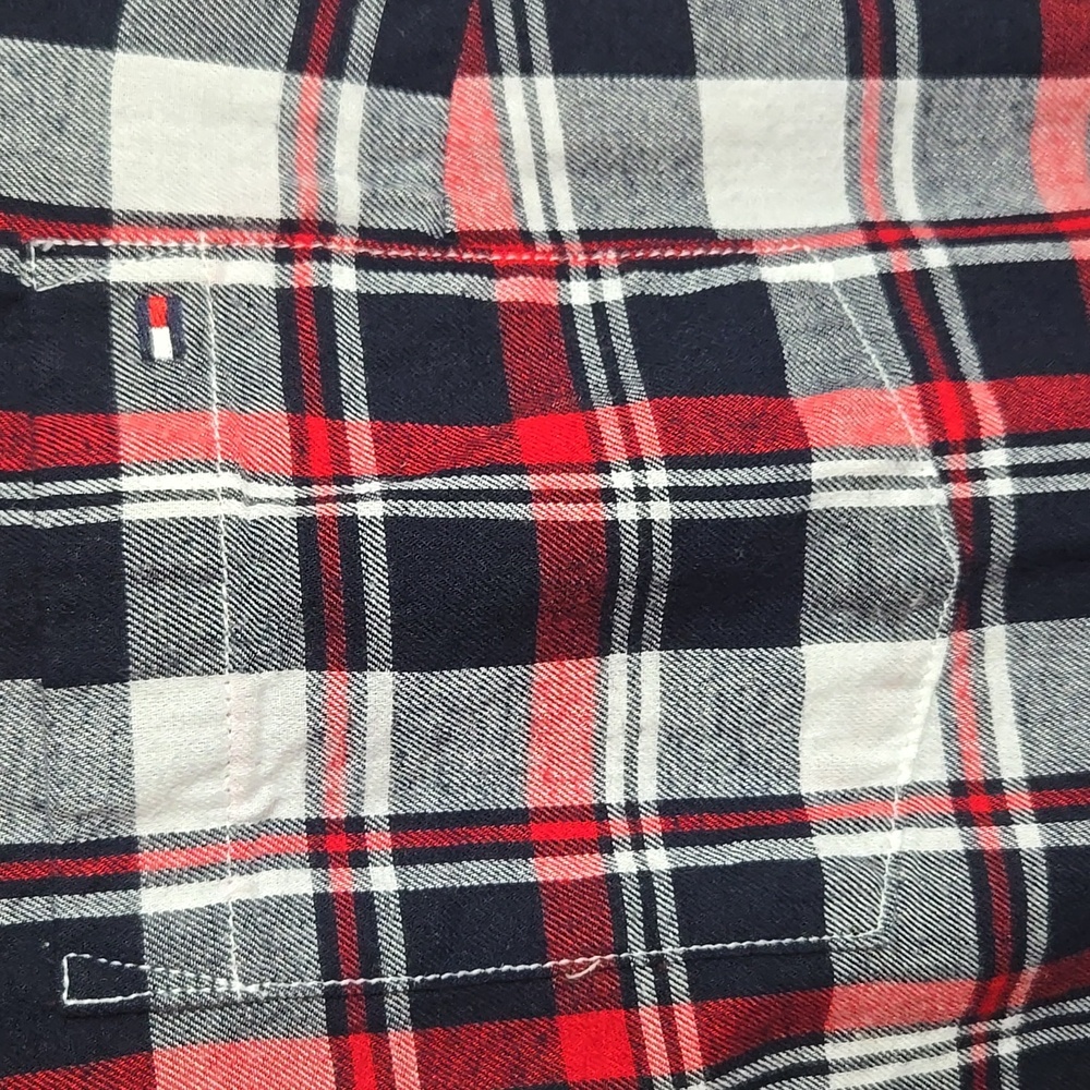 Tommy Hilfiger Women’s Large Red Navy Plaid Button Down Shirt Roll Tab Sleeves - Picture 7 of 10